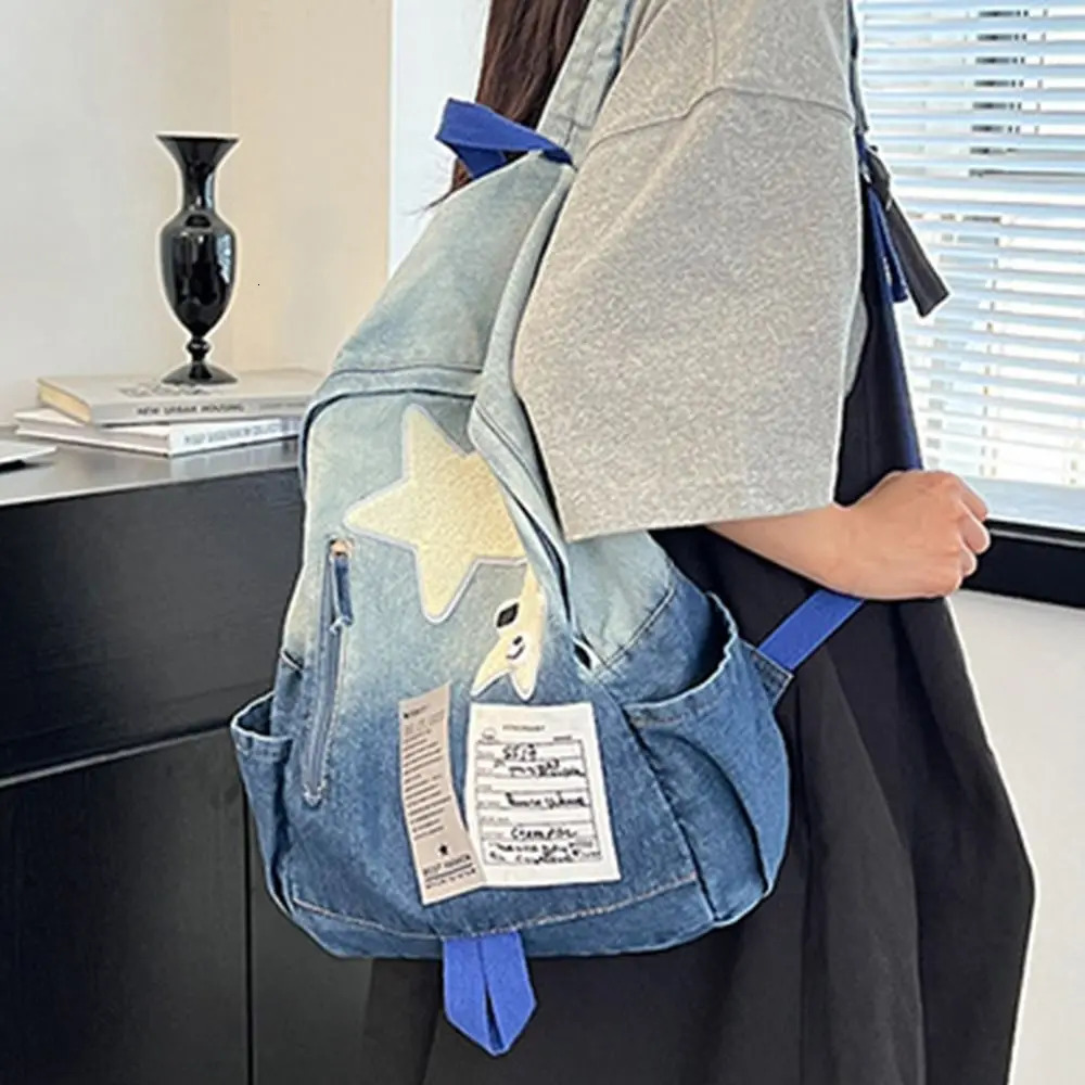 Fashion Large Capacity Denim Star Backpack Y2K All Match Double Shoulder Bag Unisex Star Pattern School Backpack Outdoor 250514