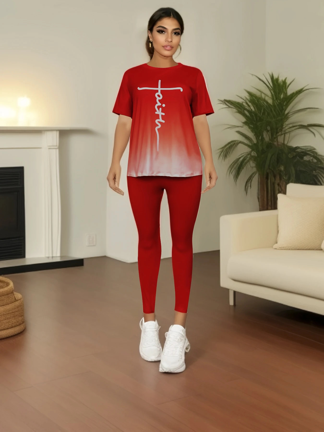 Plus Size Print Chic Twopiece Set Relaxed Casual Style with Crew Neck Top Comfortable Womens Clothing for SpringSummer 250513Z