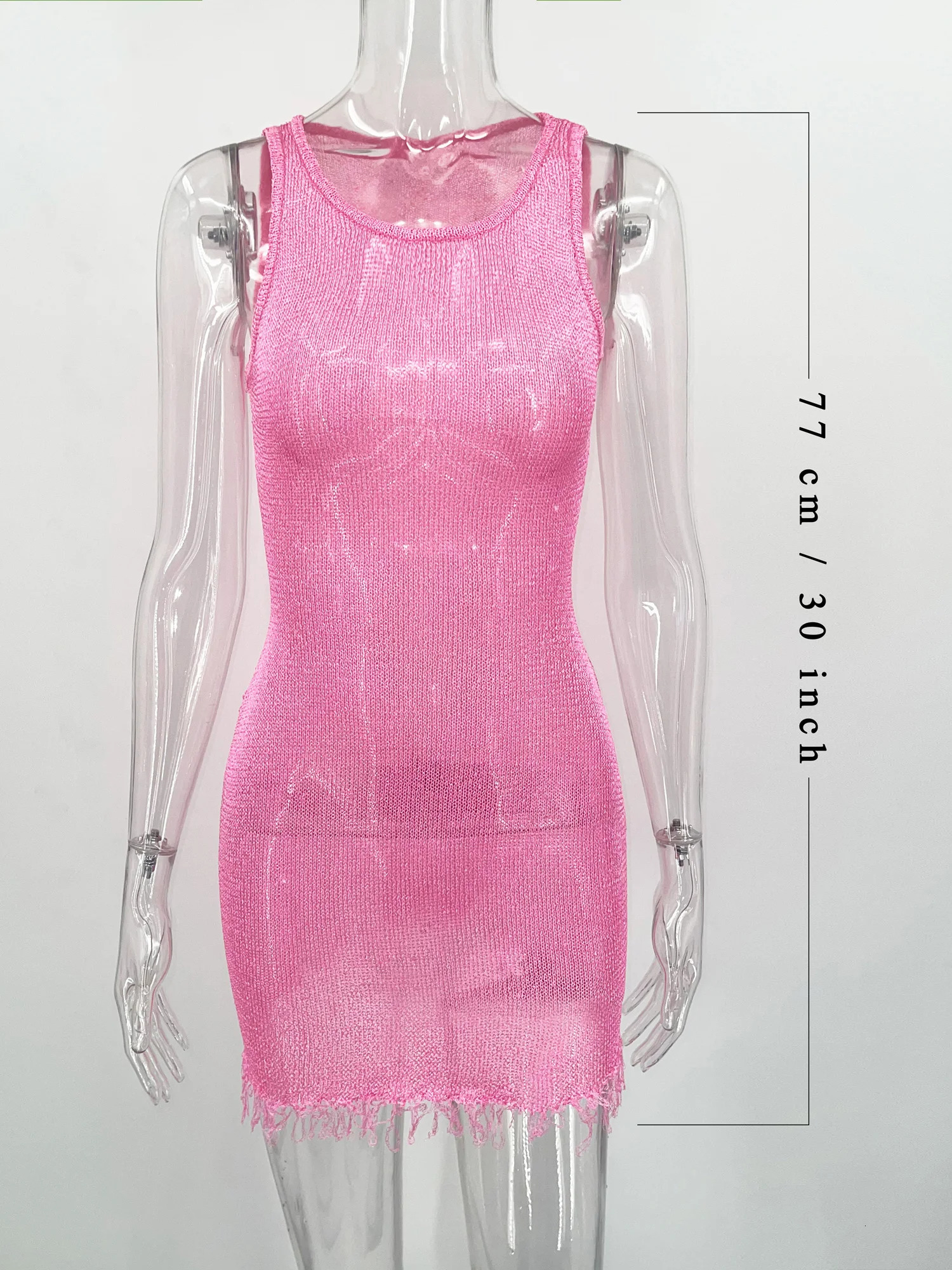 Fashion See-Through Sexy Mini Dress Womens Tassel Slim Sleeveless Patchwork Hollow Out Female Party Dress Summer 250517