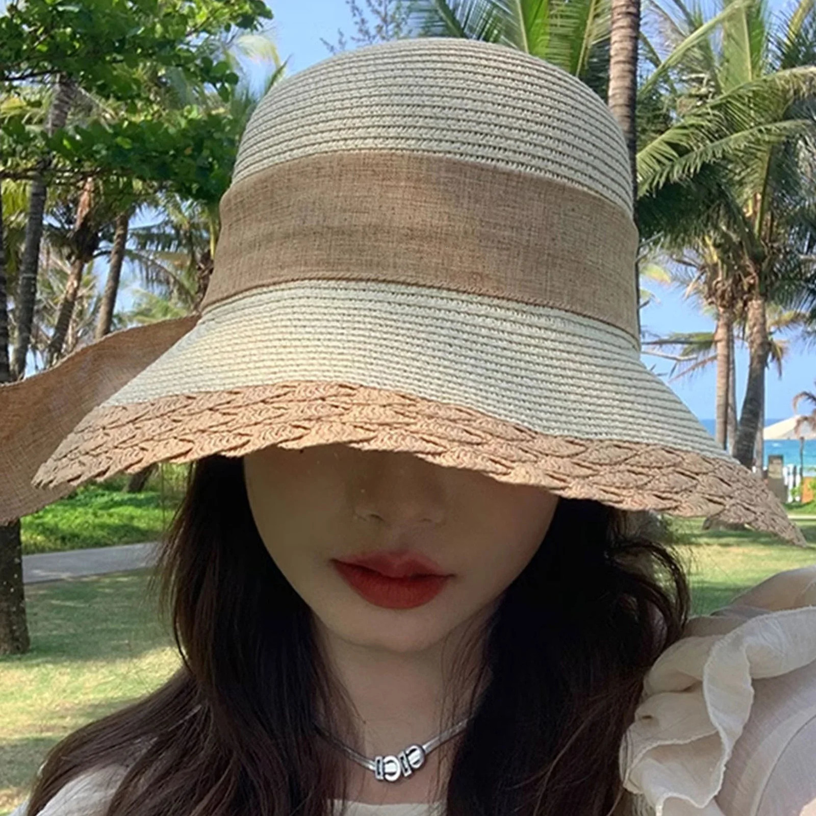 Women Wide Brim Straw Hat Lace Edge n Beach Caps with Bowknot for Outdoor Sports Hiking Travel 250516