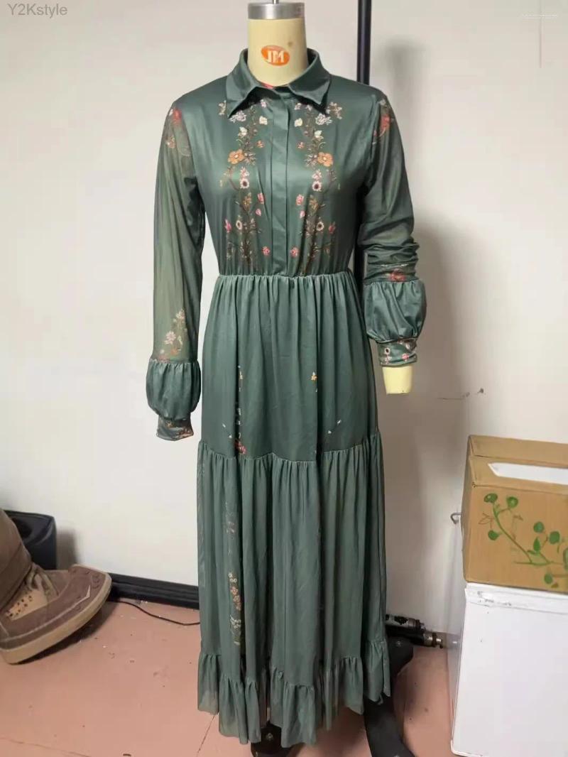 Casual Dresses Vintage Pattern Printed High Waist Robe Dress Women V-neck Pleated Bohemian 2025 Autumn Long Sleeved