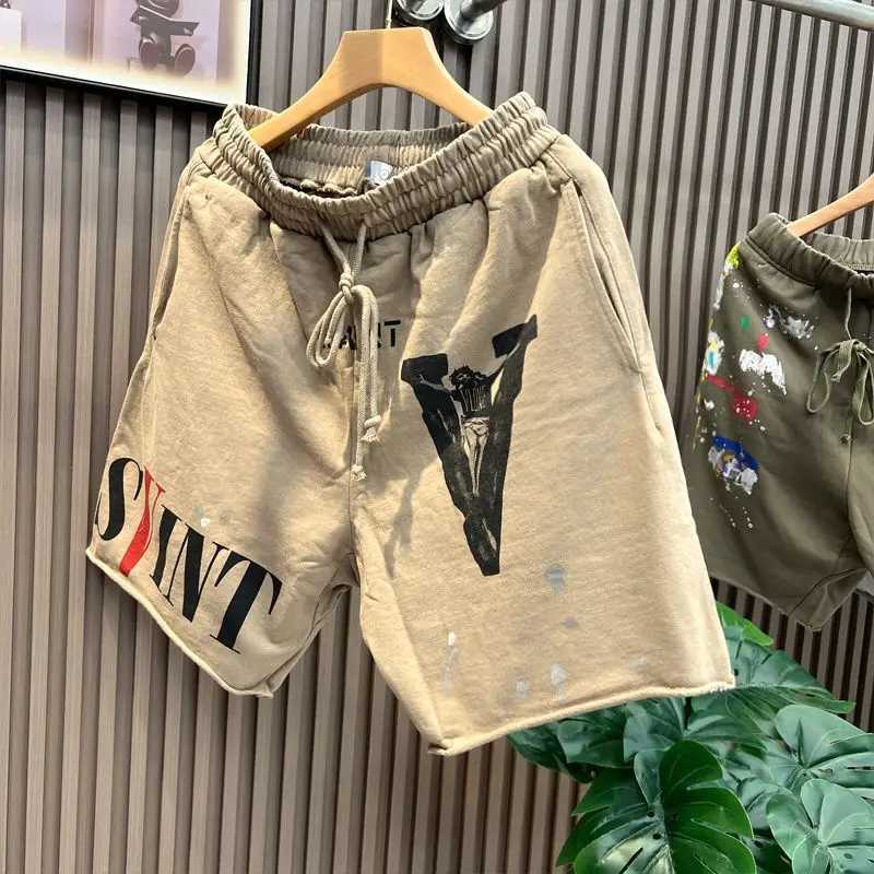 Summer New Heavy American Sweatpants High Street Hip Hop Cotton Printed Shorts Ink Splashing Hipster Elastic Waist Mens Pants Z250513