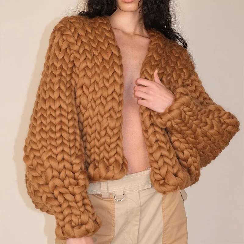 Chic Casual Coarse Noodle Cardigan Lantern Sleeve V Neck Sweater 2025 New Lady Commuter Winter Spring Knit Outerwear Designer