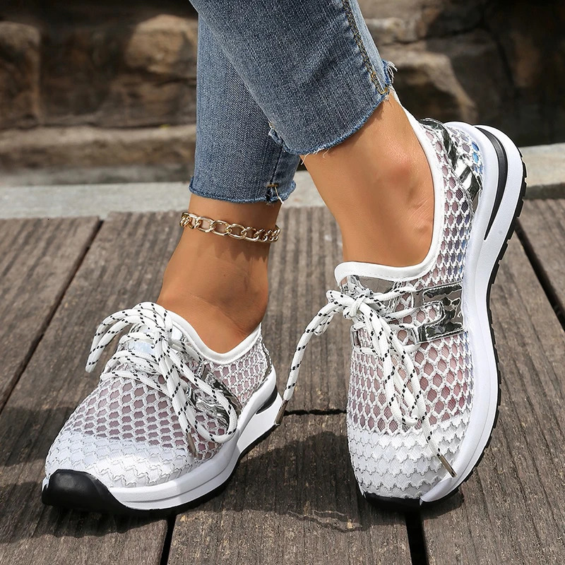 Hollow Mesh Breathable Sneakers for Women 2025 Summer Lightweight Slip On Sports Shoes Woman Plus Size Fashion Platform Sneakers 250515