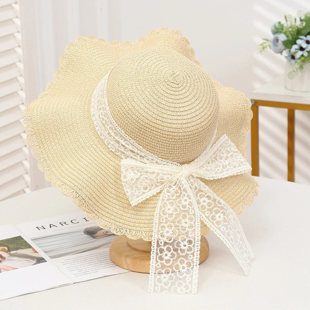 2025 Womens Wide Brim Straw Hat Lace Butterfly Knot Sunscreen Beach Holiday Style Summer Vacation Cap for Ladies 250516