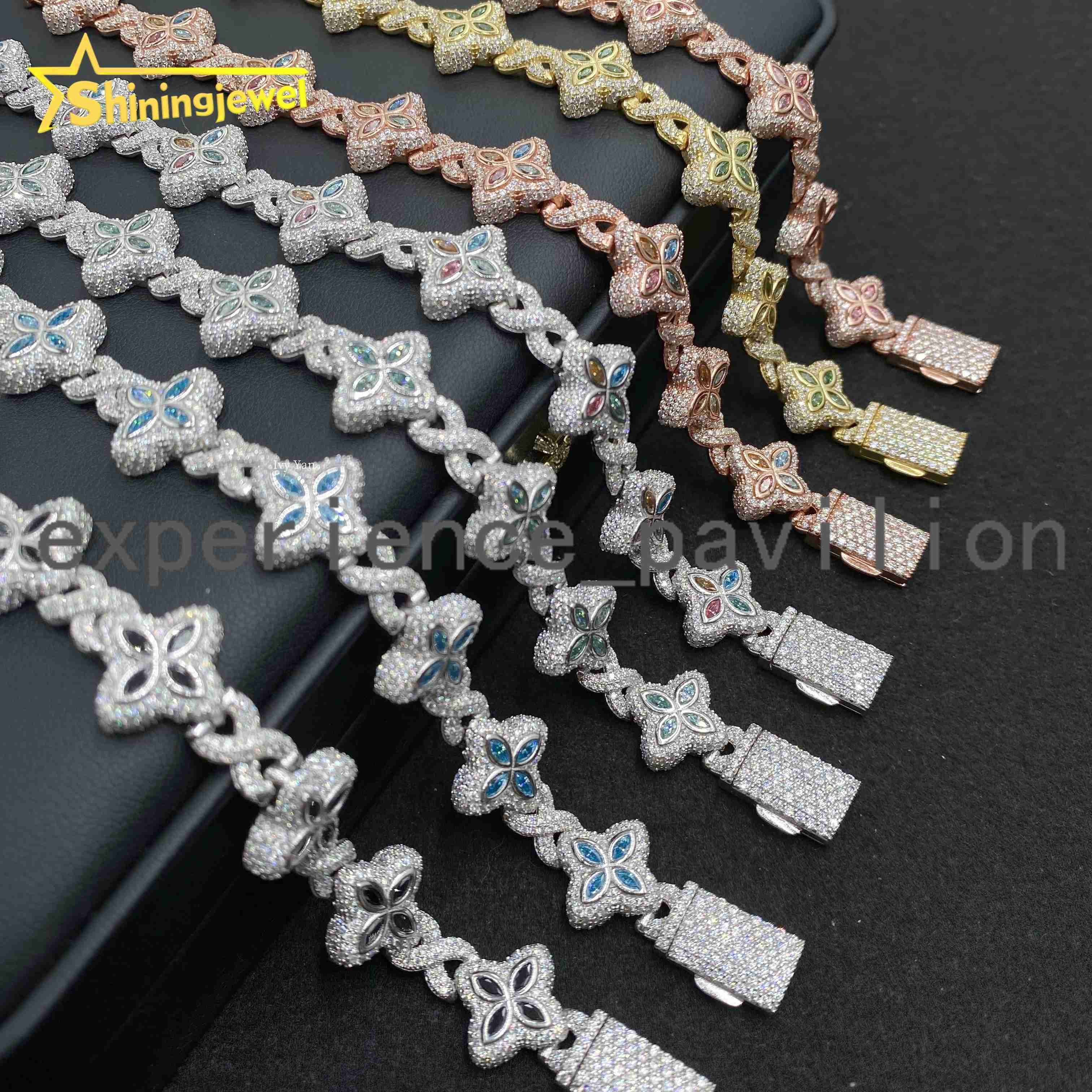Luxury Colorful Marquise Flower Design 15mm Custom Iced Out Hip Hop Jewelry Cuban Link Chain 925 Silver VVS Moissanite Bracelet