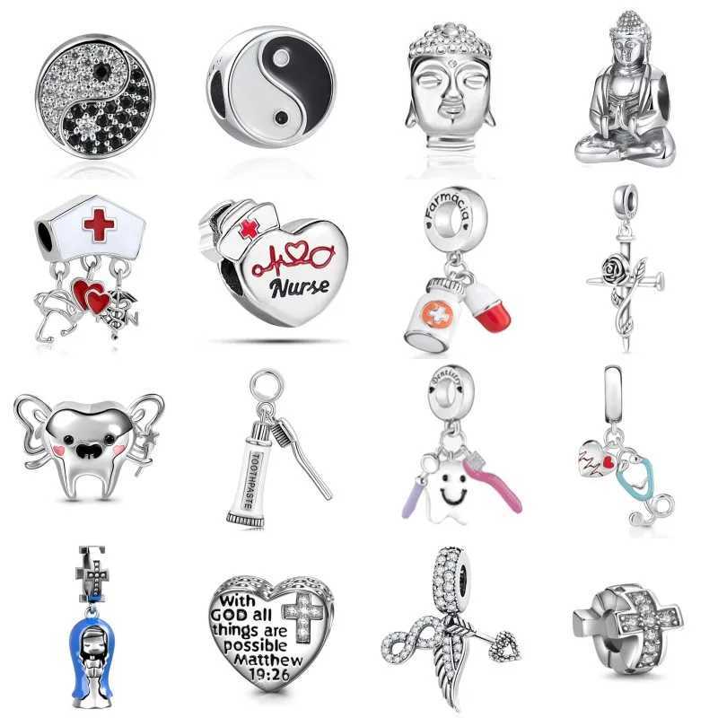 New 925 Silver Cross Pendant Teeth Nurse Doctor Angel Wings Charm Fit Decoration Original Bracelet Jewelry For Women Buddha BeadXJ250517