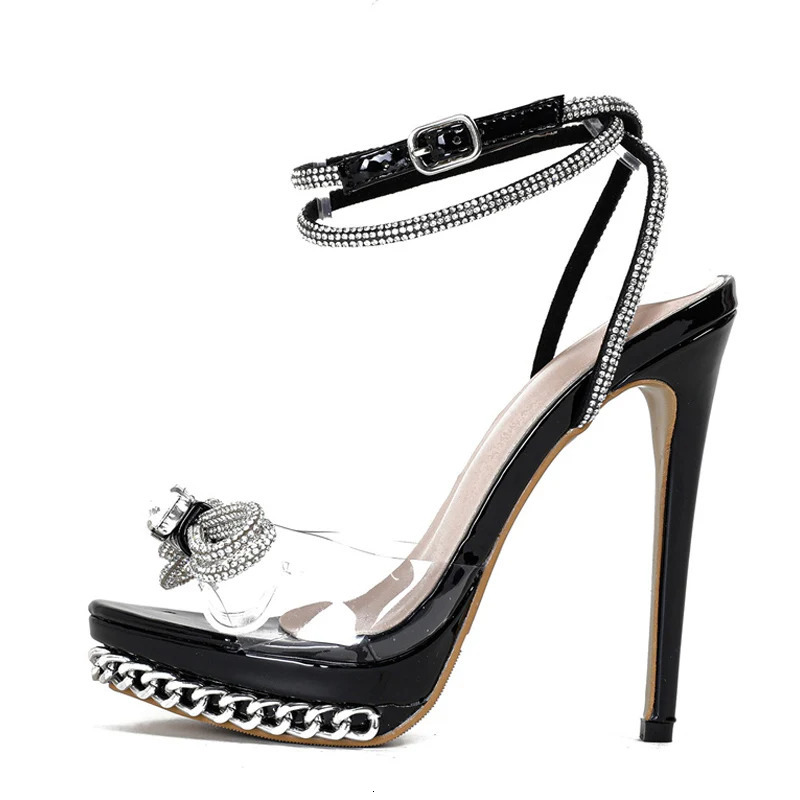 Liyke 2025 Summer Fashion Crystal Bowknot Transparent Sandals Women Silver Chain High Heels platform Shoes Sandalias 250515
