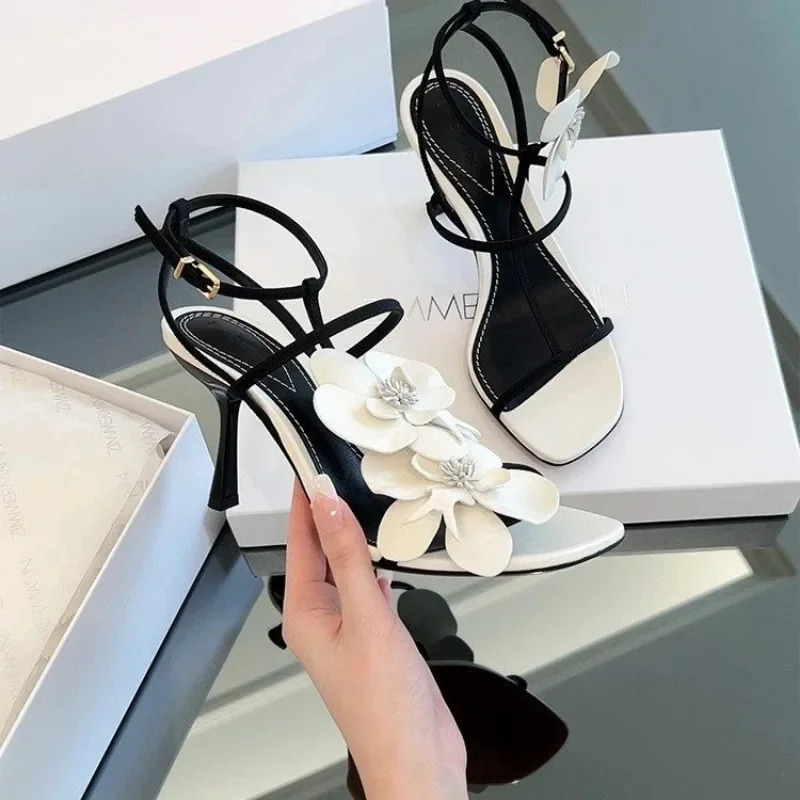 Womens Summer Fashion Floral Sexy Open Toe Stilettos PU Leather Elegant Slip On Party Dress Ladies Sandals 250515