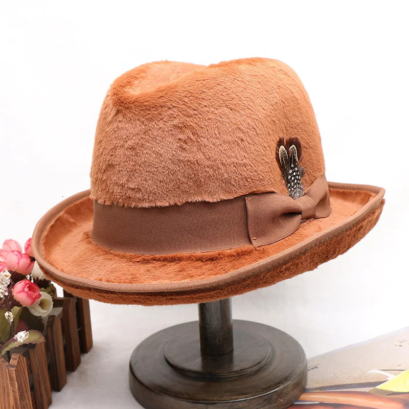 Plush Pork Pie Hat Man Fedora Unisex Gentleman Round Top Cap Cosplay Feather Accessories Derby Bowler Hat Winter Hat 250516