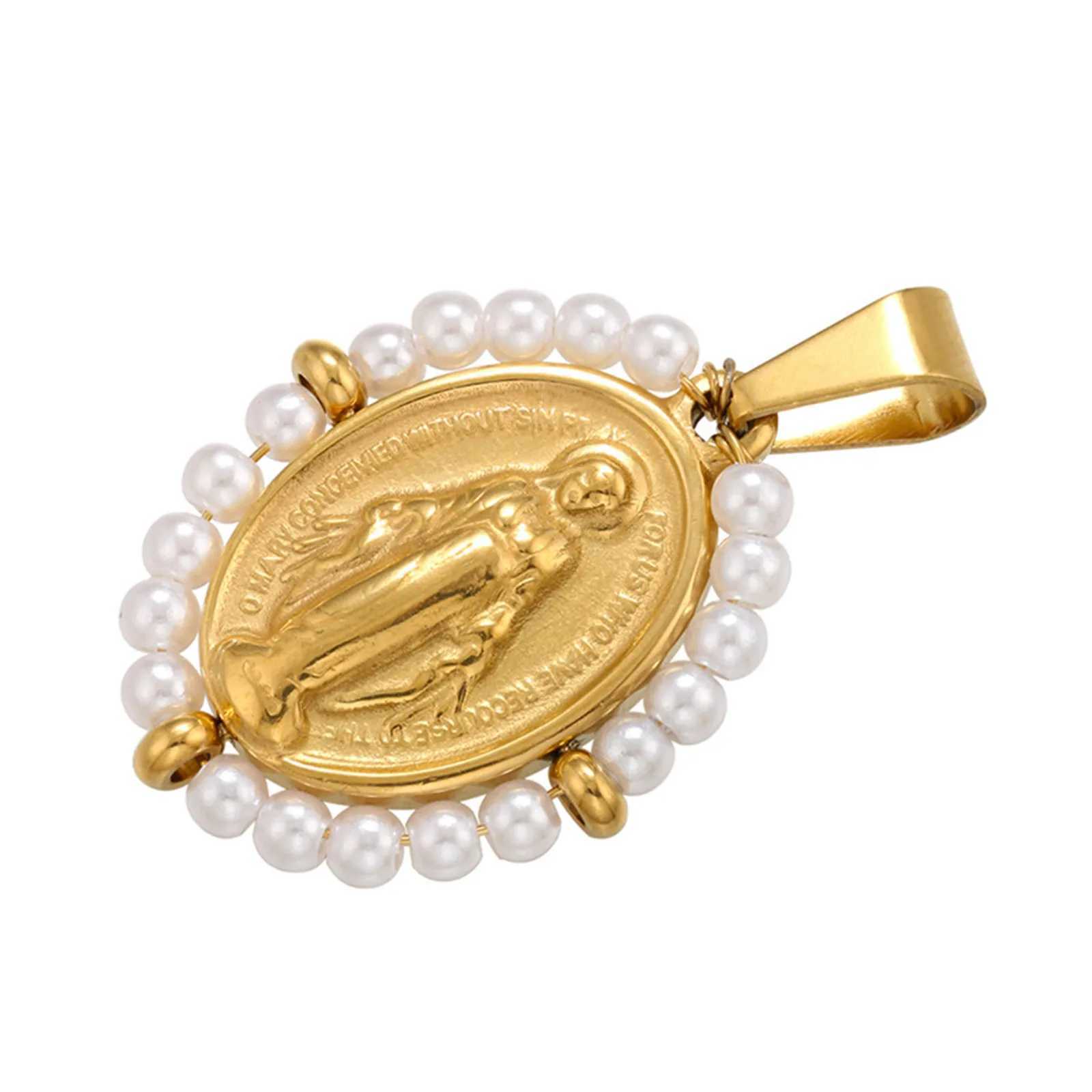 Stainless Steel Oval Religious Virgin Mary Pendants Colorful Glass Beads Charms For Necklace Jewelry Making Supplies 38x24mmXJ250517