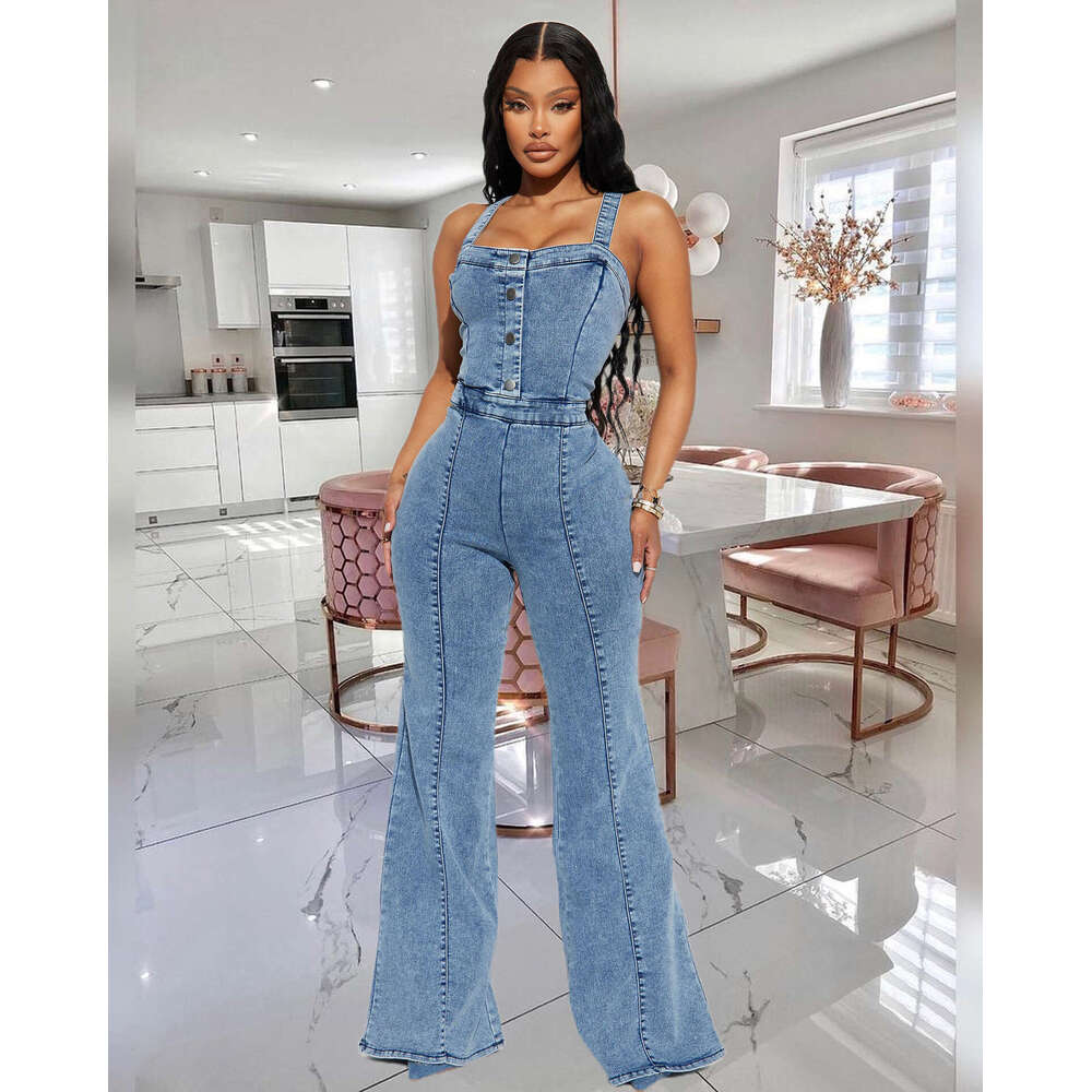 3545 platform women's fashion casual sexy shoulder straps denim jumpsuit wide leg flared pants