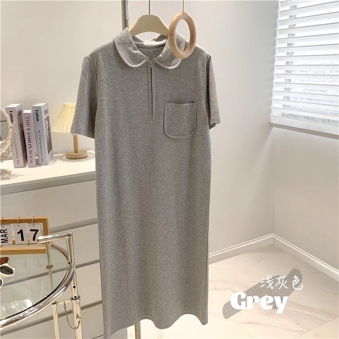 SL235 Half-zip Lapel Collar Short Sleeve Loose Slim Mid-length A-line Dress