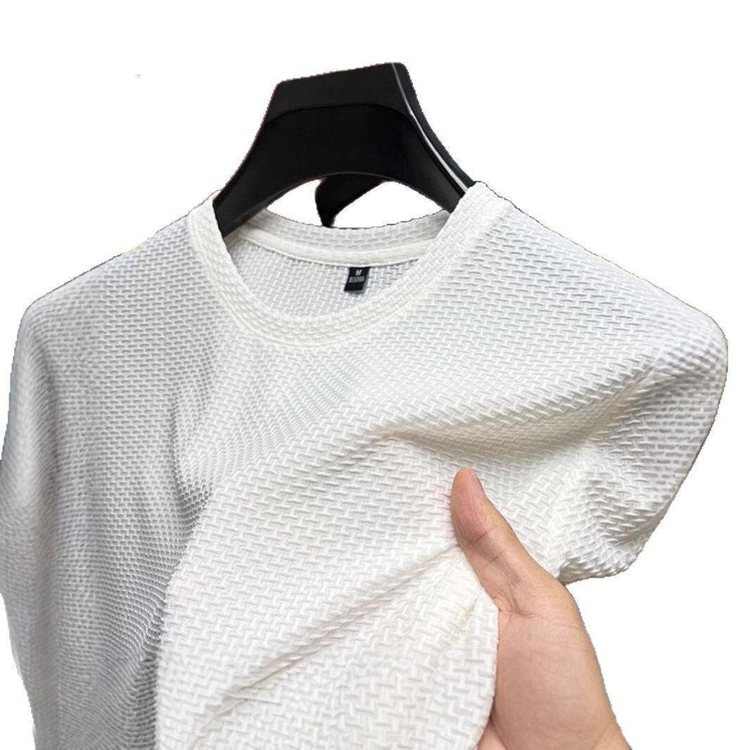 Ice silk t-shirt men's short sleeved 2025 summer new bamboo jacquard top cool, breathable, elastic base shirt versatile