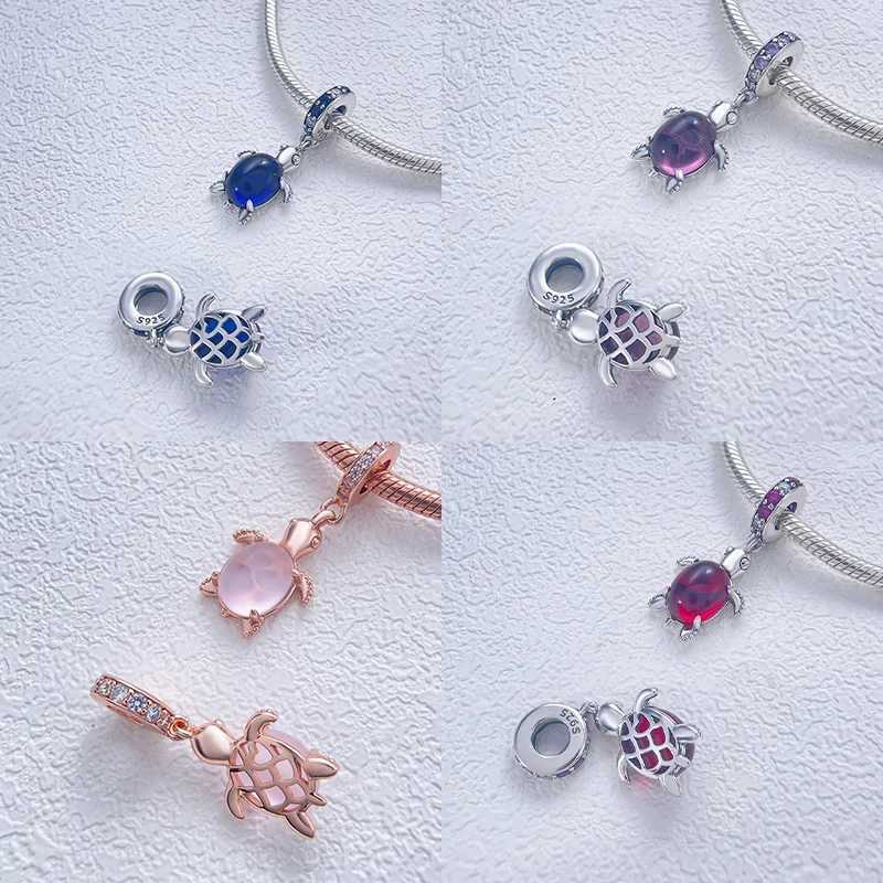 925 Sterling Silver Zircon inlaid with pink blue green purple multicolored crystal turtle Fit DIY Bracelet Necklace Dangle CharmXJ250517