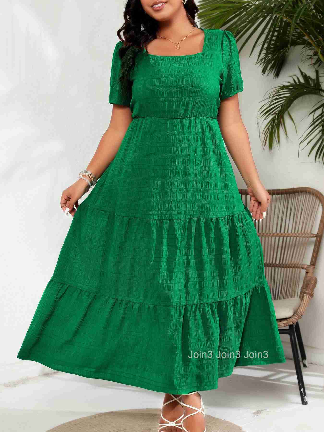 Womens Bubble Sleeves Square Neck Back Pleated Short Sleeve Pocket Dress
