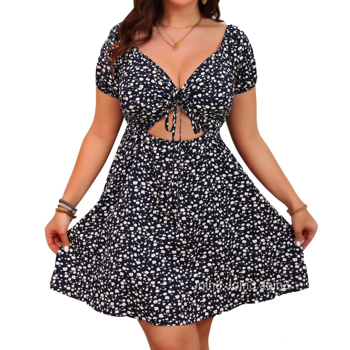 Plus Size Sexy Floral Chest Cinched Waist Short Sleeved V-neck Dress