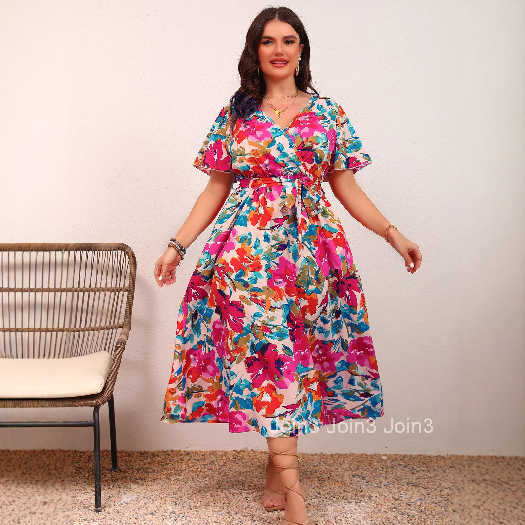 Large Womens Elegant Temperament V-neck Cinched Waist Slimming Lace Up A-line Floral Dress