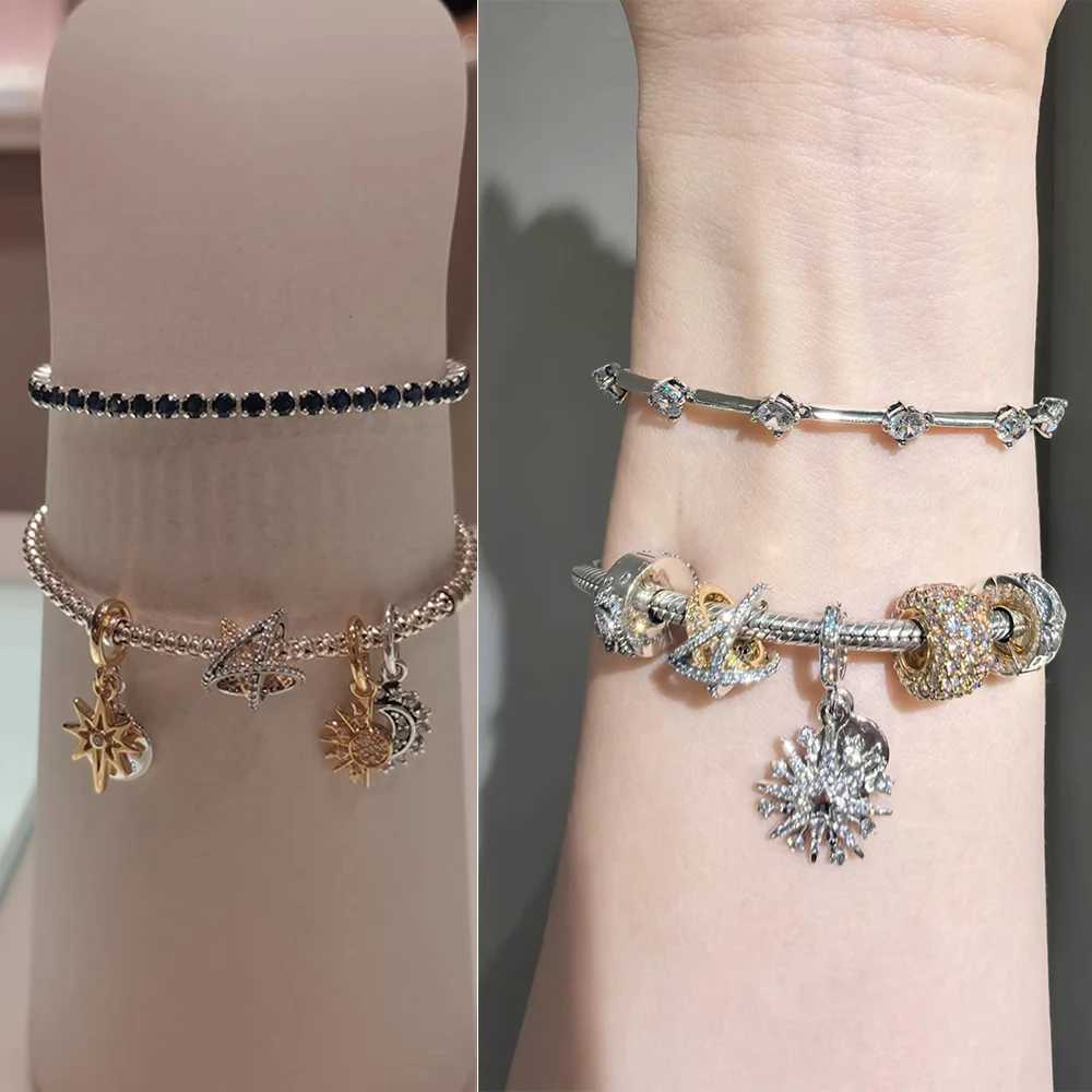 925 Sterling Silver Christmas Snowflakes Golden Stars Bow Lucky D Charm Fit DIY Bracelet Jewelry AccoriesXJ250517