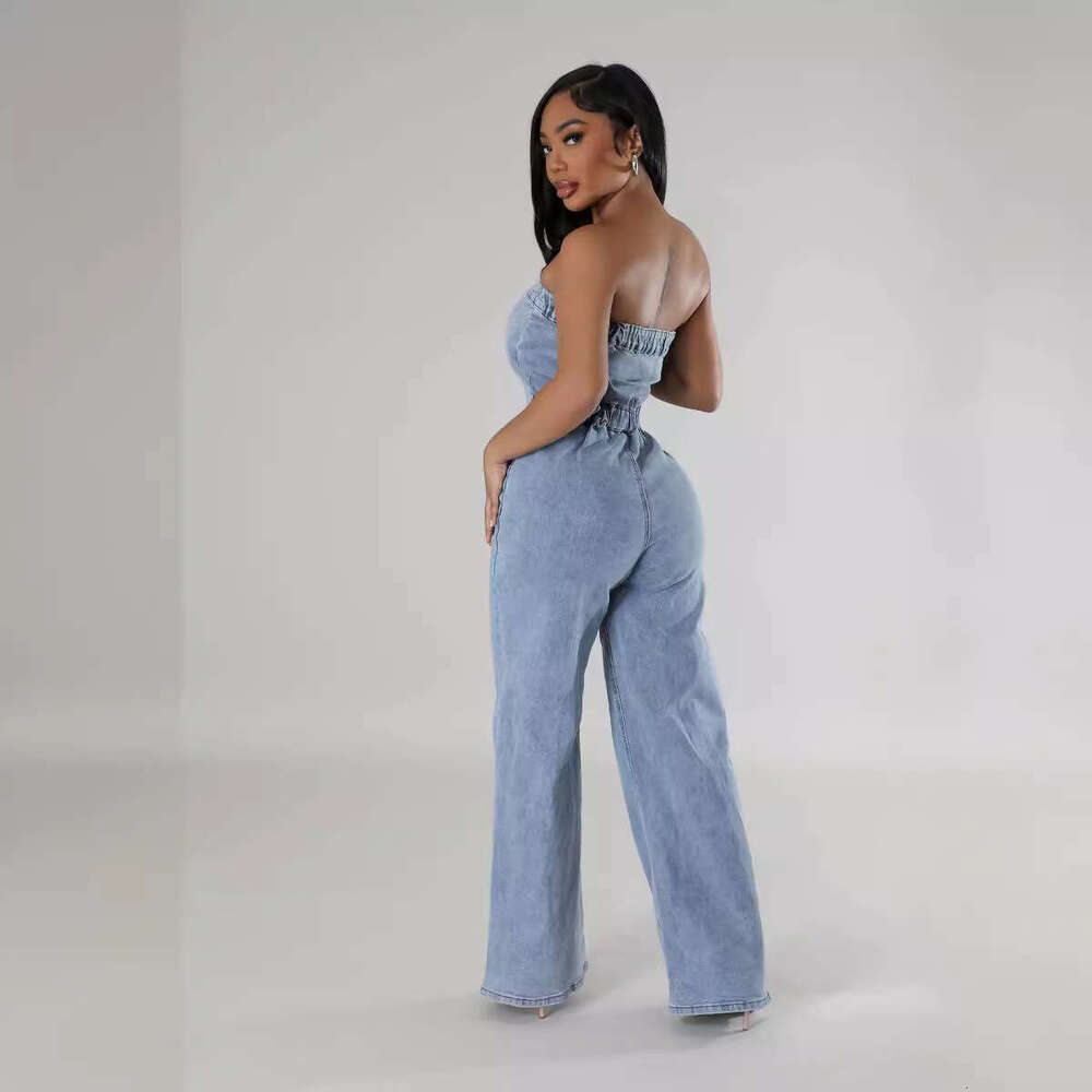 Wide Leg Jumpsuit Cowboy Women New Slim Fit Strapless Wide Leg Pants Washed Elastic Jumpsuit