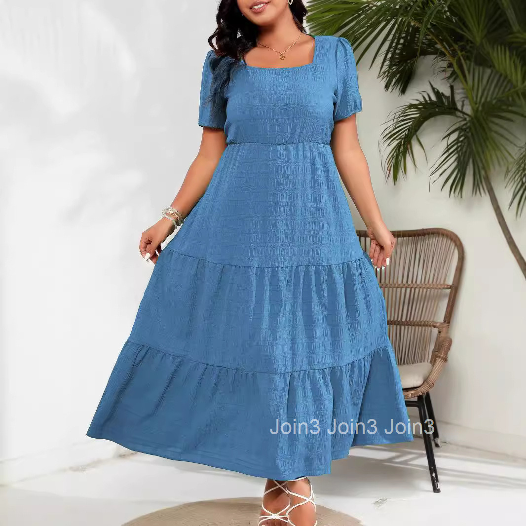 Womens Bubble Sleeves Square Neck Back Pleated Short Sleeve Pocket Dress