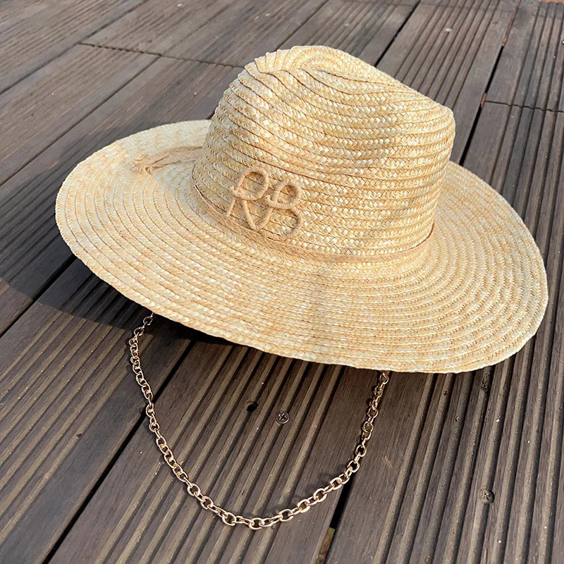 2025 European American Fashion n Natural Straw Hat Female Handmade Letter Sun Hat Metal Chain Sunshade Hat 250516