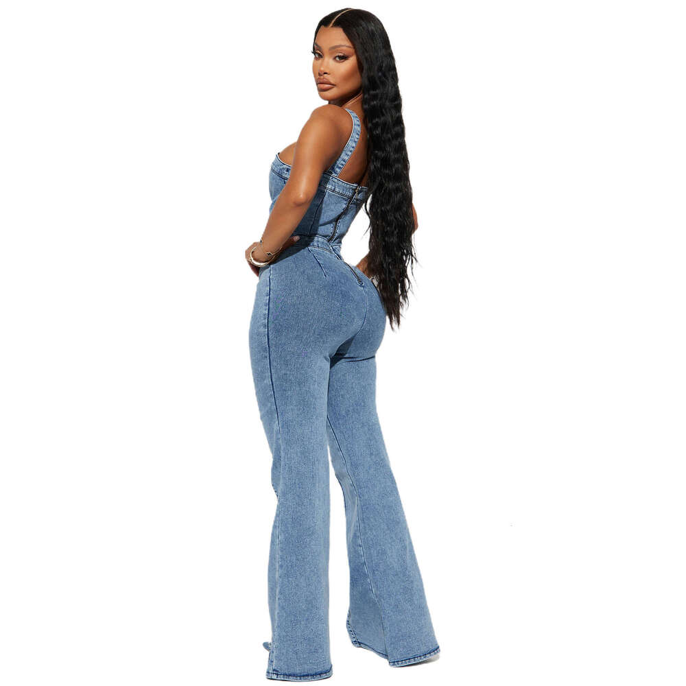 3545 platform women's fashion casual sexy shoulder straps denim jumpsuit wide leg flared pants