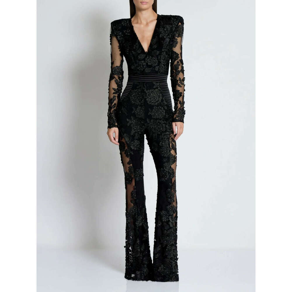 Wide Leg Jumpsuit New Temperament V Neck Jumpsuit With Lace Rhinestone Long Sleeves And A Sexy Evening Gown For Ladies