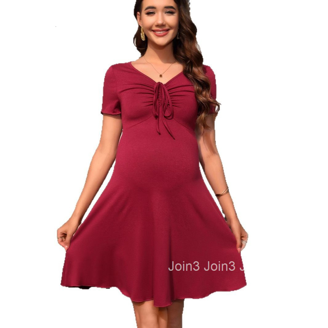 New Maternity Dress with Drawstring Decoration on the Chest V-neck Short Sleeved Big Swing Dress