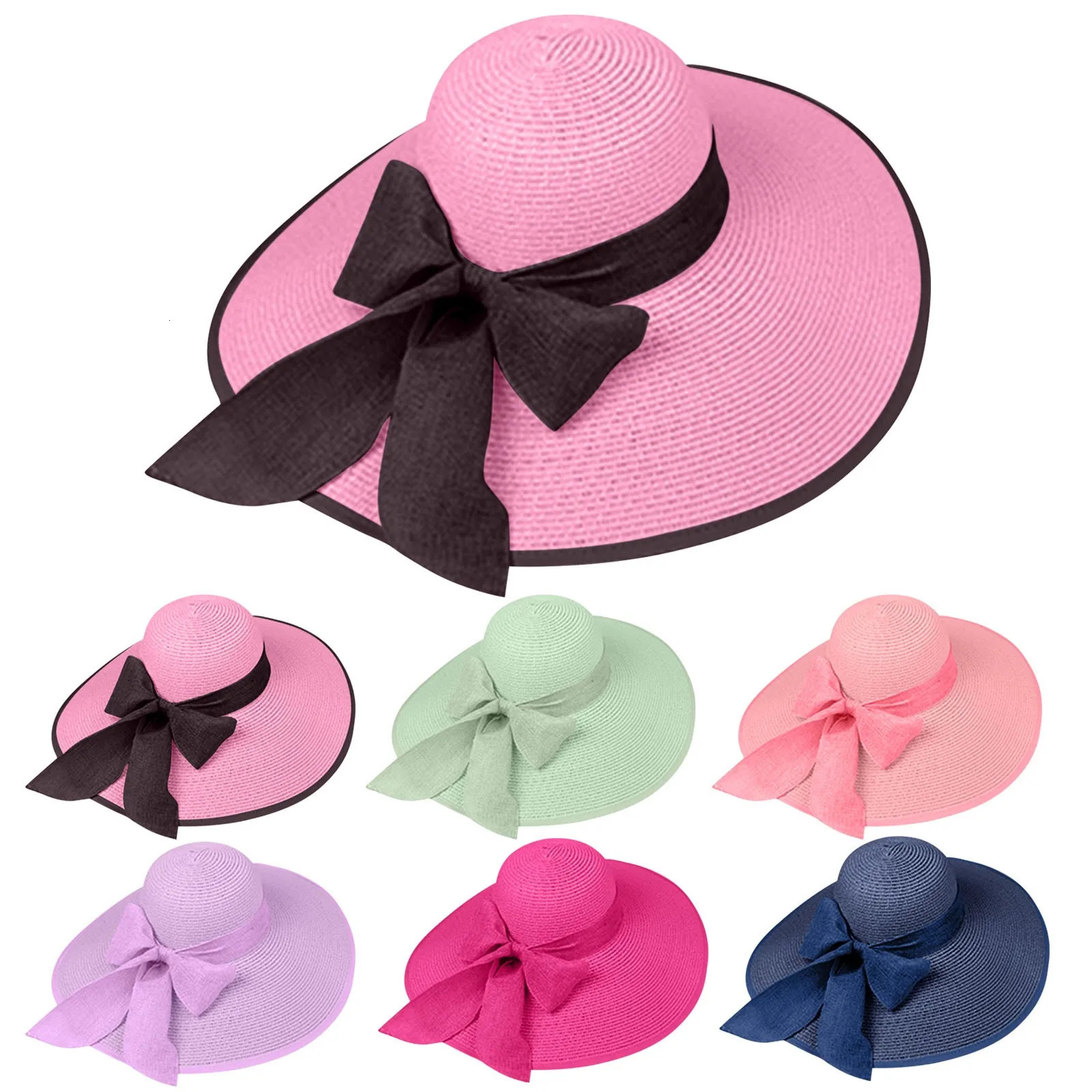 Summer Women Straw Hat Bowknot Wide Brim Floppy Foldable Panama Hats Adult Outdoor Sun Protection Flat Top Ribbon Beach Cap 250517