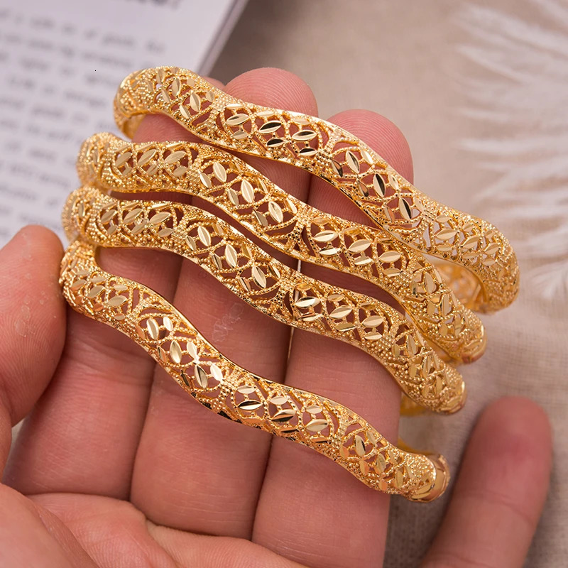 Annayoyo 4Pcs Gold Color Ripple high quality Bangles Bracelets Women Mother Metal Cuff Bangle Jewelry Bride Birthday Gifts 250517