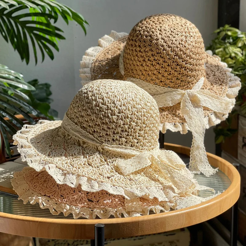 Handmade Womens Summer Hollow Straw Hat - Lace Strap Panama Bucket Hat Foldable UV Protection Suitable for Beach and Travel 250516