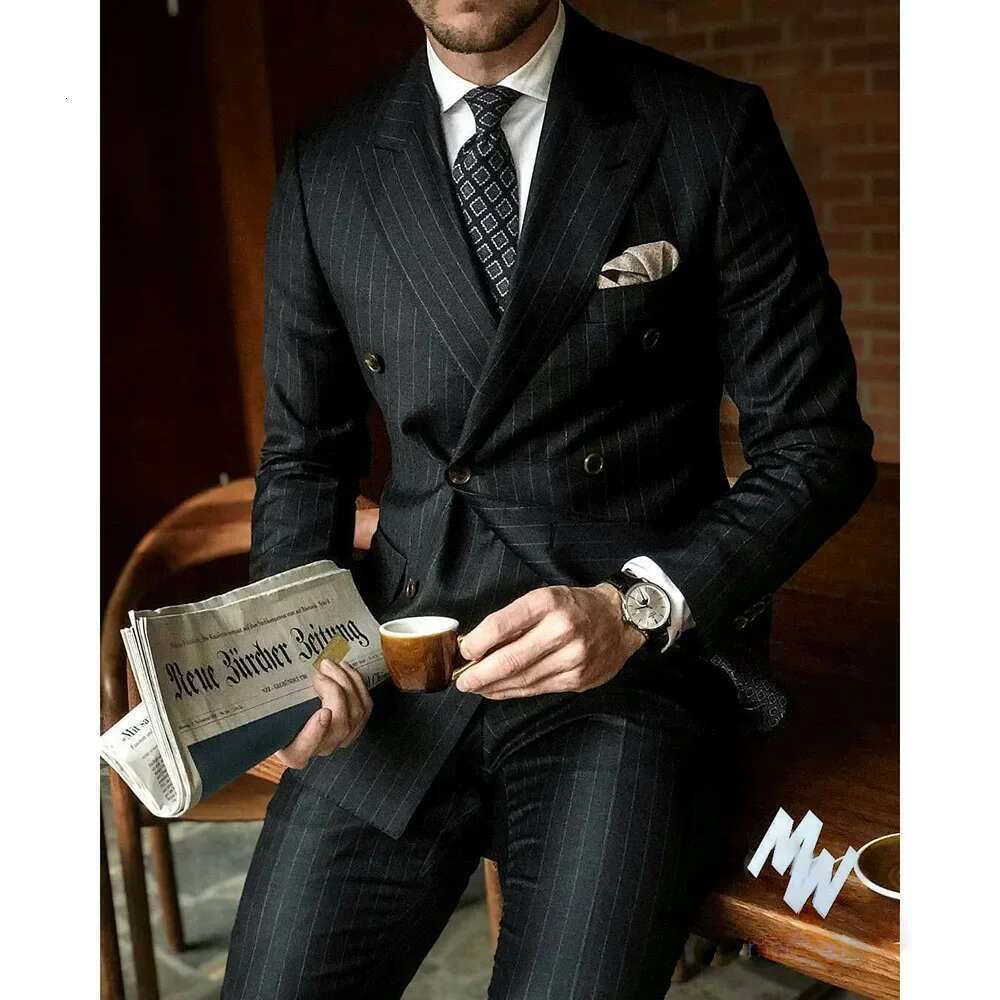 Black Men Suits Regular Length Double Breasted Peak Lapel Flat Front 2 Piece Jacket Pants Elegant Male Clothing Terno Designer