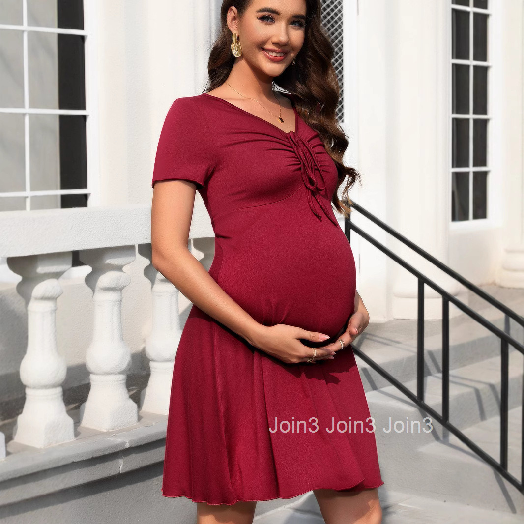New Maternity Dress with Drawstring Decoration on the Chest V-neck Short Sleeved Big Swing Dress
