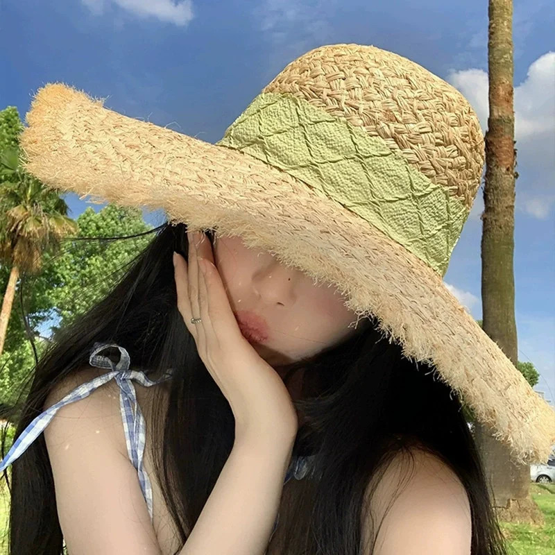 Flower rose decoration raffia straw hat for women summer large brim sun hat seaside atmosphere elegant wedding hat 250516