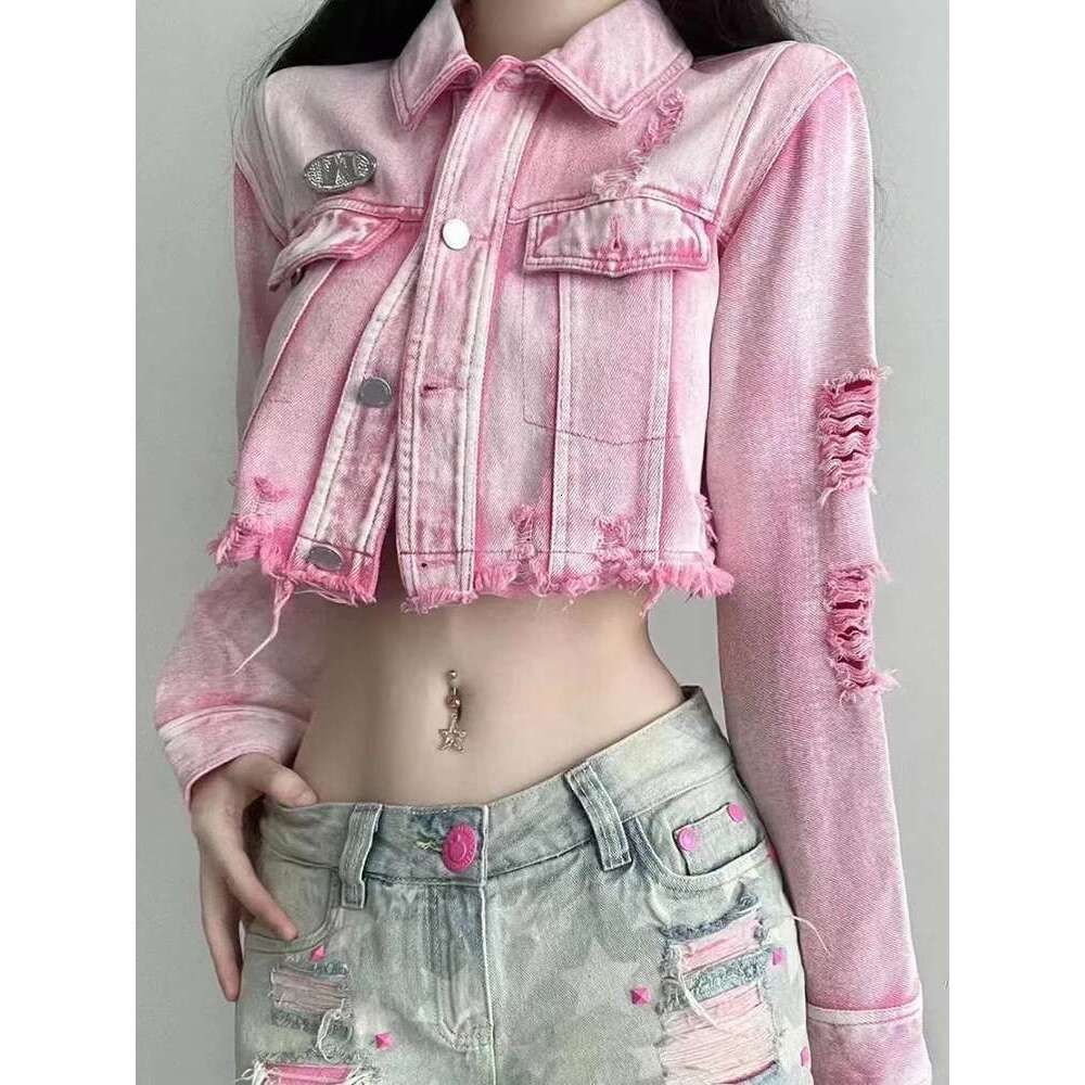 hoodie hoodie hoodie Zoki Sexy Cropped Hole Denim Jackets Women Streetwear Vintage Slim Y2K Jean Coats American Long Sleeve Female Haruku Pink Tops ja
