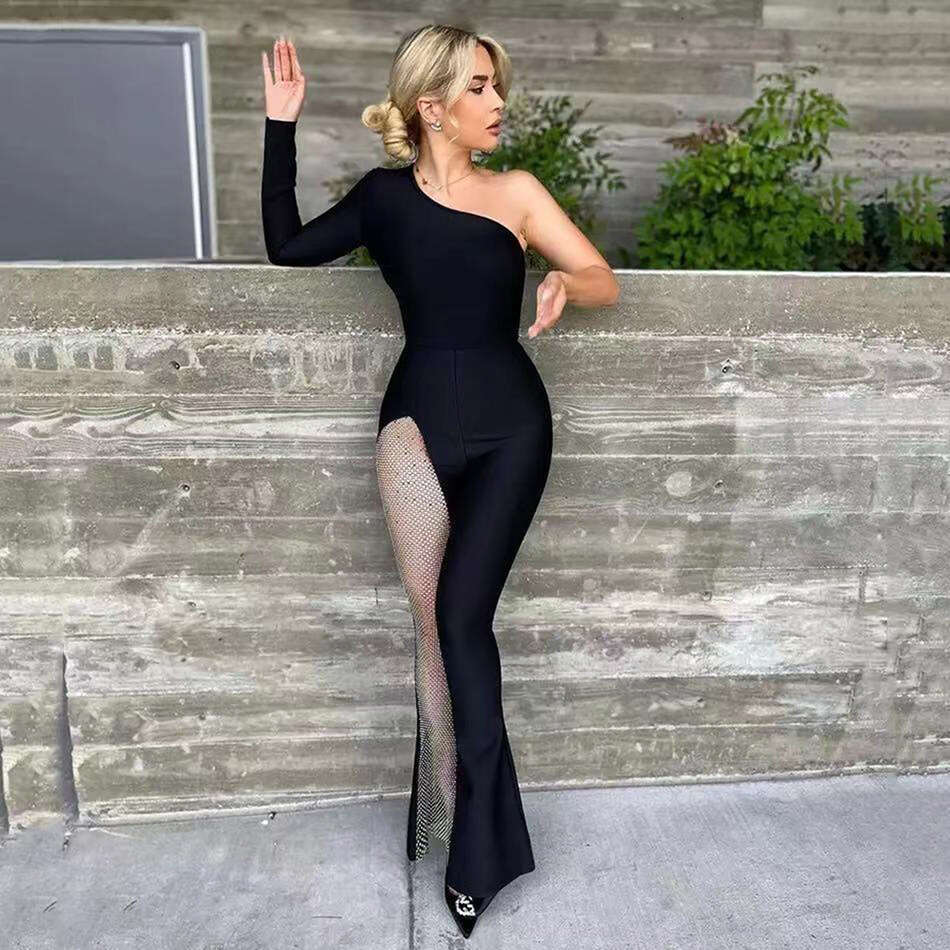 Wide Leg Jumpsuit Fashion Women S Single Sleeve Grid Bellbottom Pants With Temperament Bandage And Jumpsuit