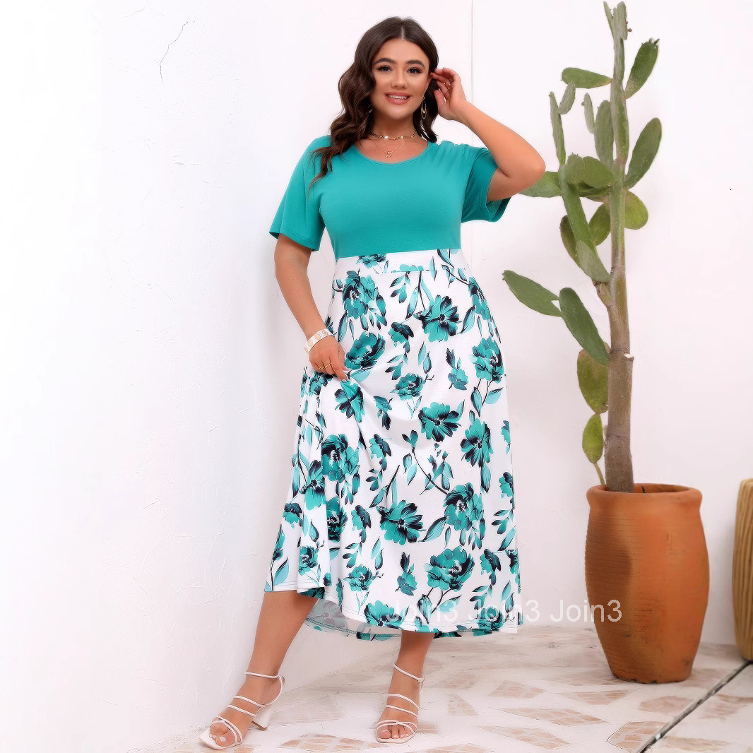 Large Size Womens Dress with Elegant Temperament Printed Splicing Round Neck Waist Cinching and Large Swing Dress
