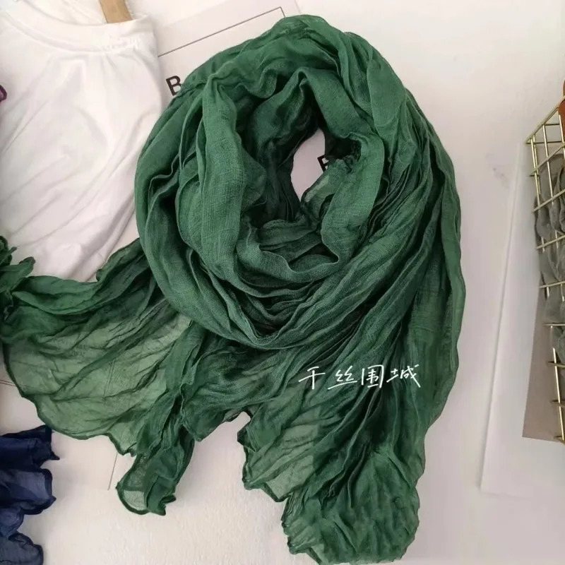 Solid Color Cotton Linen Hand Feel Scarf Retro Autumn Winter Pleated Green Thin Strip Shawl Mens Womens Thermal Silk 250517