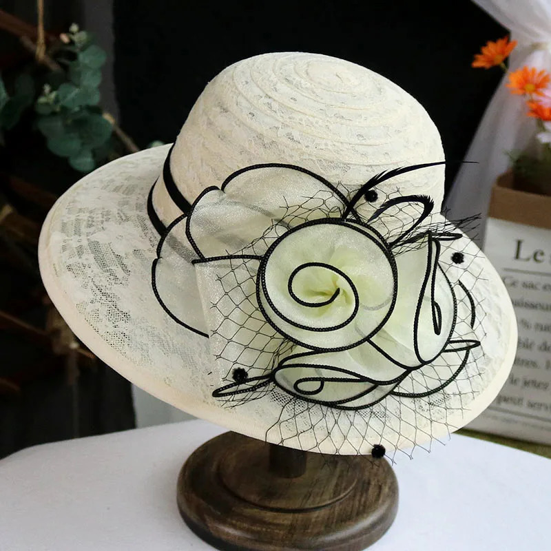 Fashion Elegant Breathable lace flower Church Hat For Women Foldable Wedding Party Summer Beach Protection Sun Cap 250517