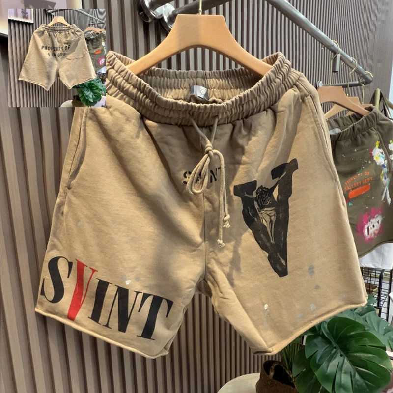 Summer New Heavy American Sweatpants High Street Hip Hop Cotton Printed Shorts Ink Splashing Hipster Elastic Waist Mens Pants Z250513