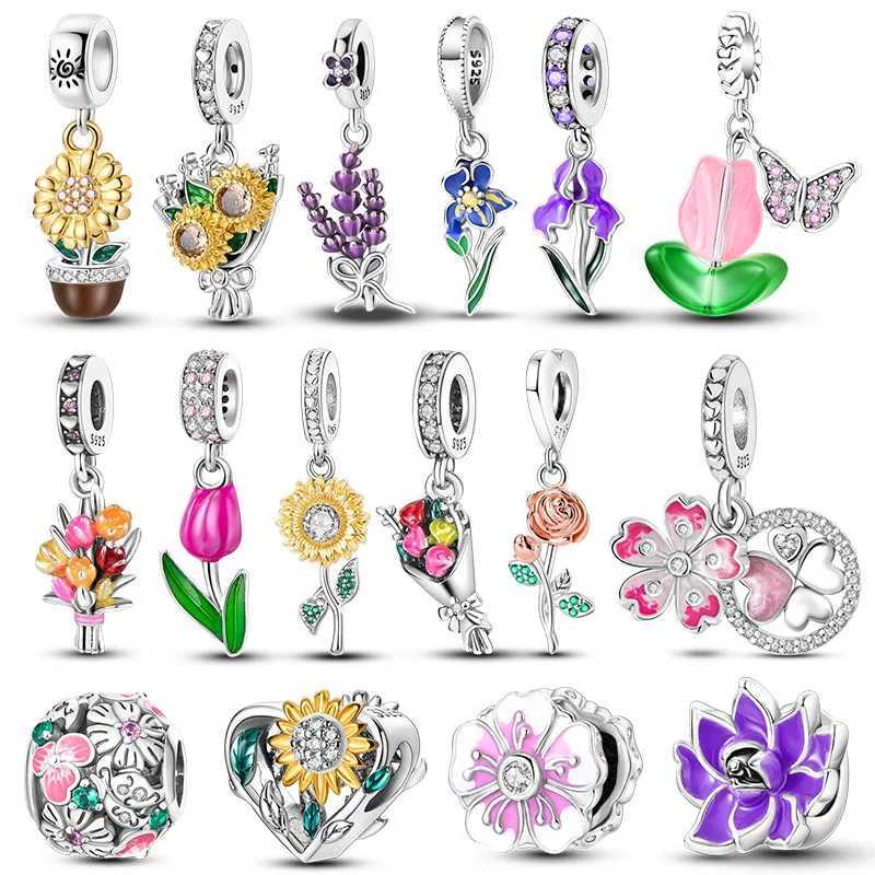 925 Silver Flower Charms Sunflower Tulip Pendants Fit Original Pan Bracelet Making Jewelry BaedsXJ250517