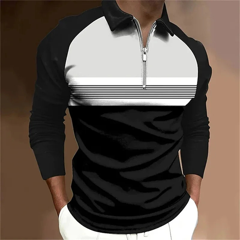 Spring Autumn Mens Long Sleeve Tops Polo Shirt Zipper Casual Fashion Stripe Golf 250506Z