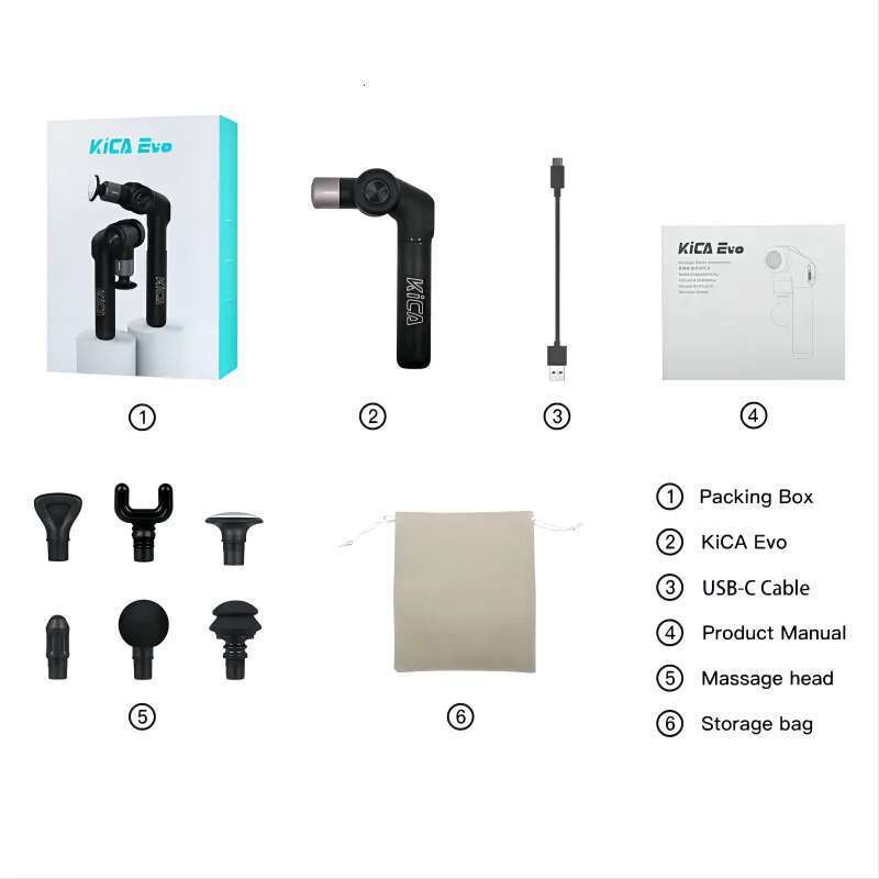 Kica Evo Fascia Portable Muscle Gun 15Kg 3 Gear 3200Rpm With 6 Massage Heads 9Cm Extension Rod Aluminum Alloy