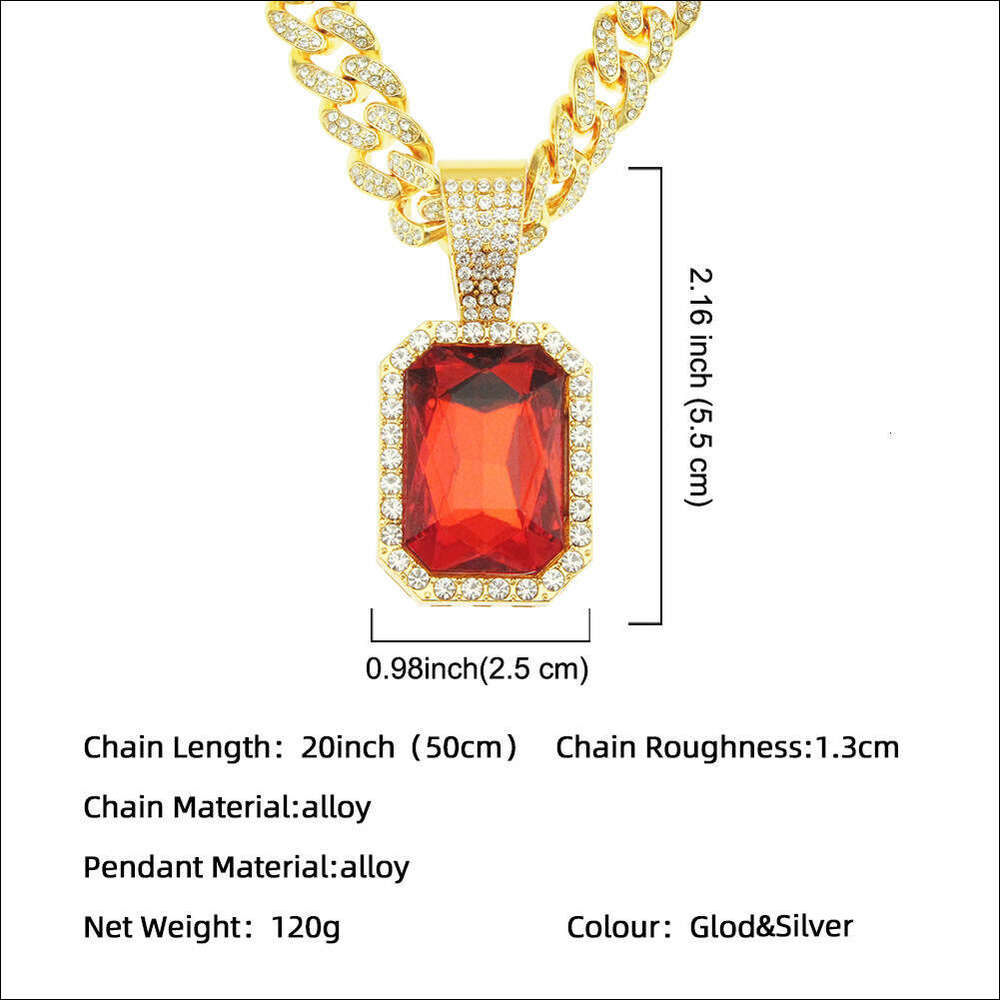 Unisex Hip hop Alloy Necklace with Ruby-Inspired Crystal Pendant Bold Cuban Link Chain for Men Women Edgy Street wear Jewelry
