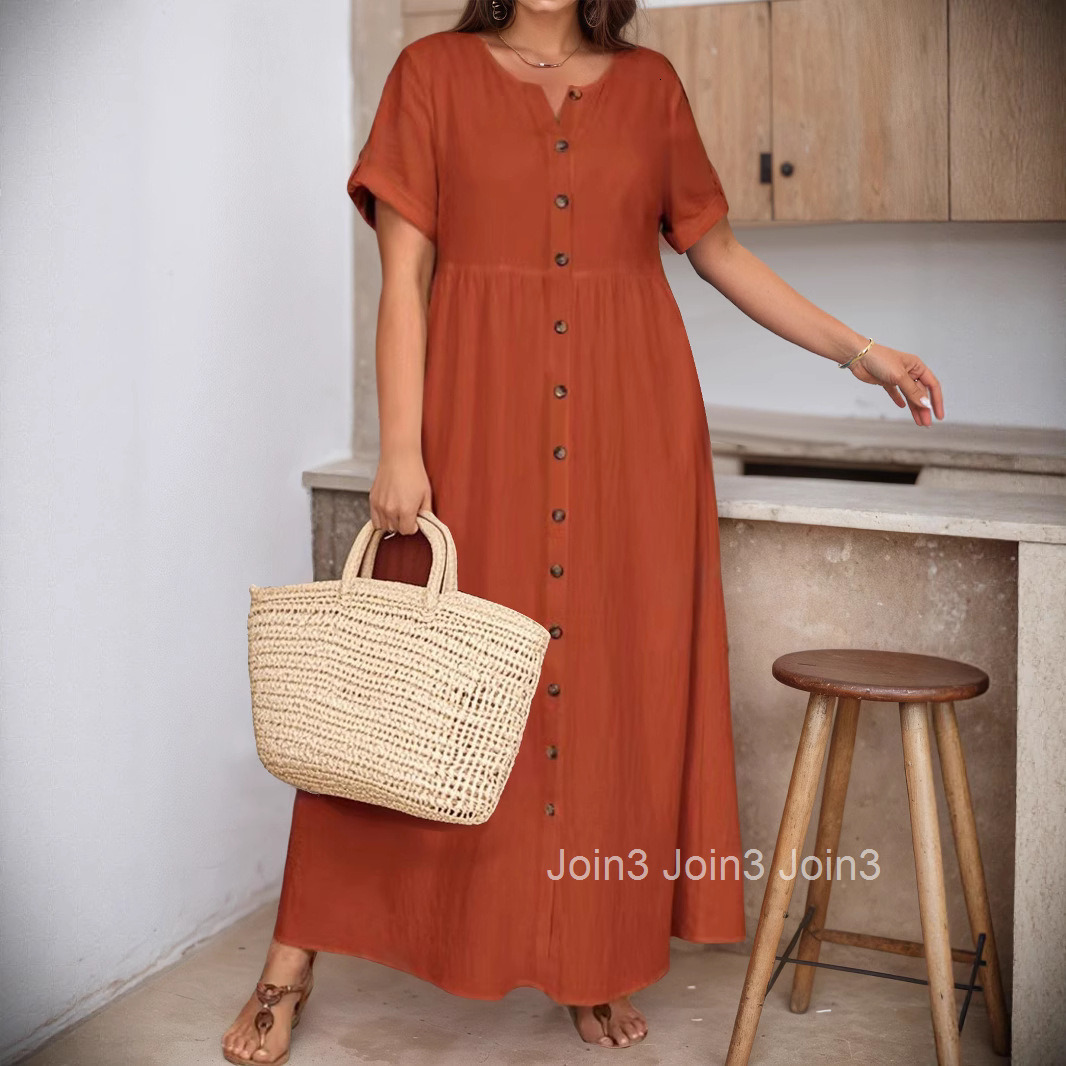 Large Size Elegant Spring and Summer New Item Solid Color Loose High Waisted Cotton and Linen Dress
