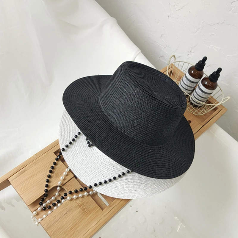 Summer Hepburn Style Pearl Chain Vintage Concave Top n Straw Hat For Women Girls Beach Holiday Sun Caps Fashion Fedora 250517