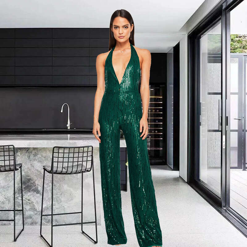 Wide Leg Jumpsuit INS Style Deep V Backless Spicy Girl Sleeveless Tassel Hanging Neck Sequin Jumpsuit Women S Clothing