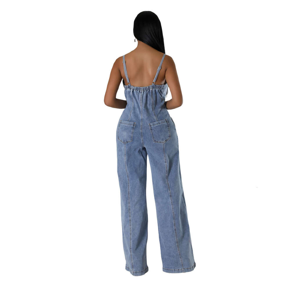 6988 platform women's fashion casual sexy suspender denim jumpsuit wide leg pants