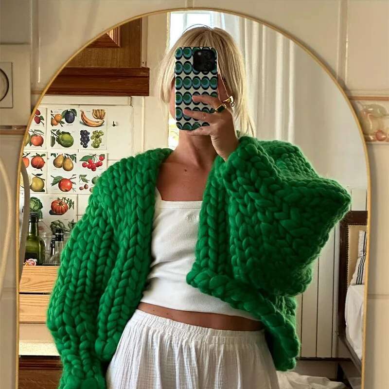 Chic Casual Coarse Noodle Cardigan Lantern Sleeve V Neck Sweater 2025 New Lady Commuter Winter Spring Knit Outerwear Designer